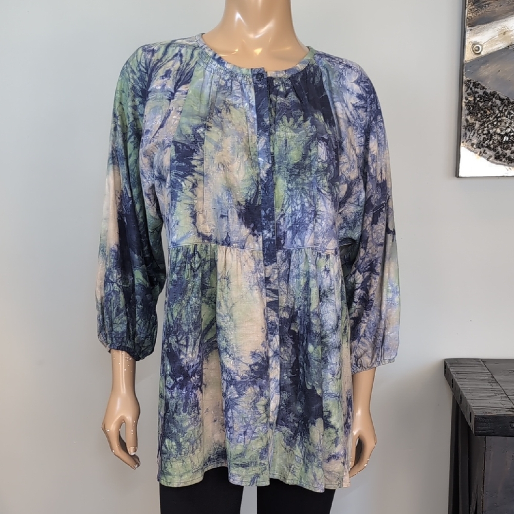 NEW Cabi Woodstock Blue Green Tie Dye Linen Babydoll Top Tunic Size Medium - Picture 2 of 15